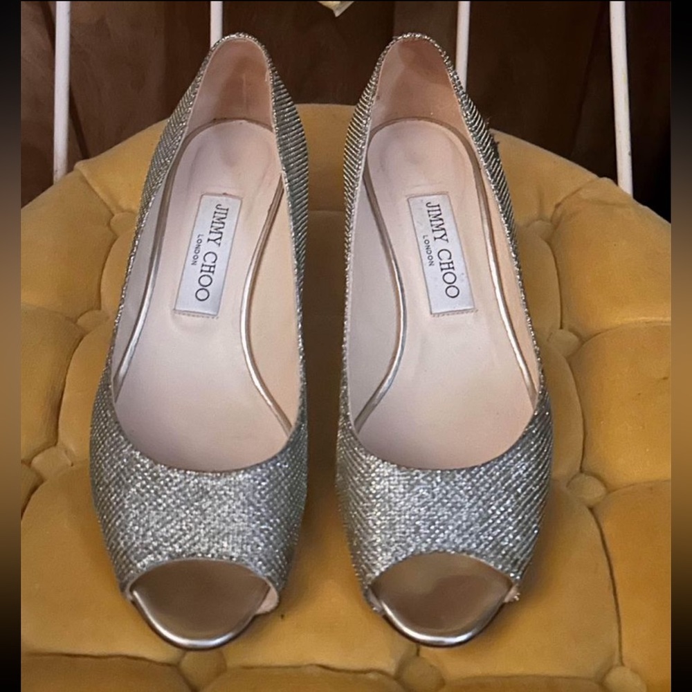 JIMMY CHOO GLITTER Peep Toe Gold Wedge Shoes Size 37.5 💛⭐️😍